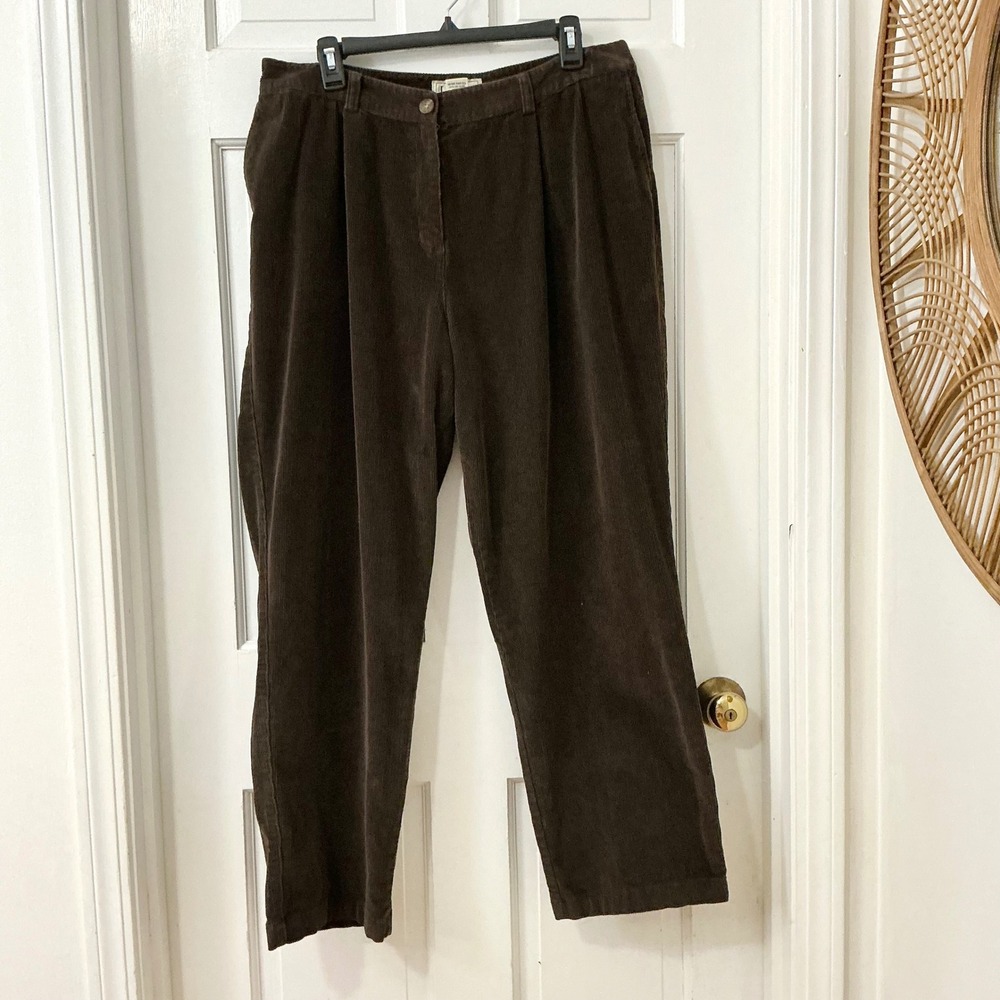 LL Bean Chocolate Brown Pleated Corduroy Pants 10 Cotton Stretch Dark Academia